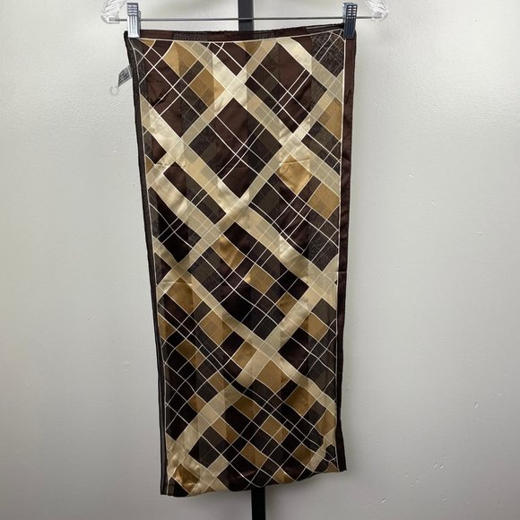 Vintage Oscar De La Renta Brown and Tan Geometric 100% Silk Scarf 62" X 13.25" - Picture 9 of 9
